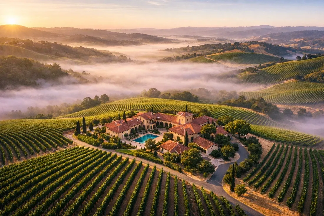 Golden field and vineyard representing patient, long-term investing